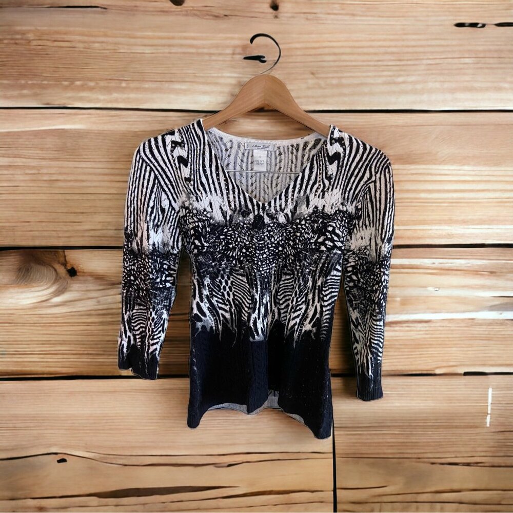 Mona Leah Couture Womens Sweater Small Black White Zebra 3/4 Sleeve VNeck Career